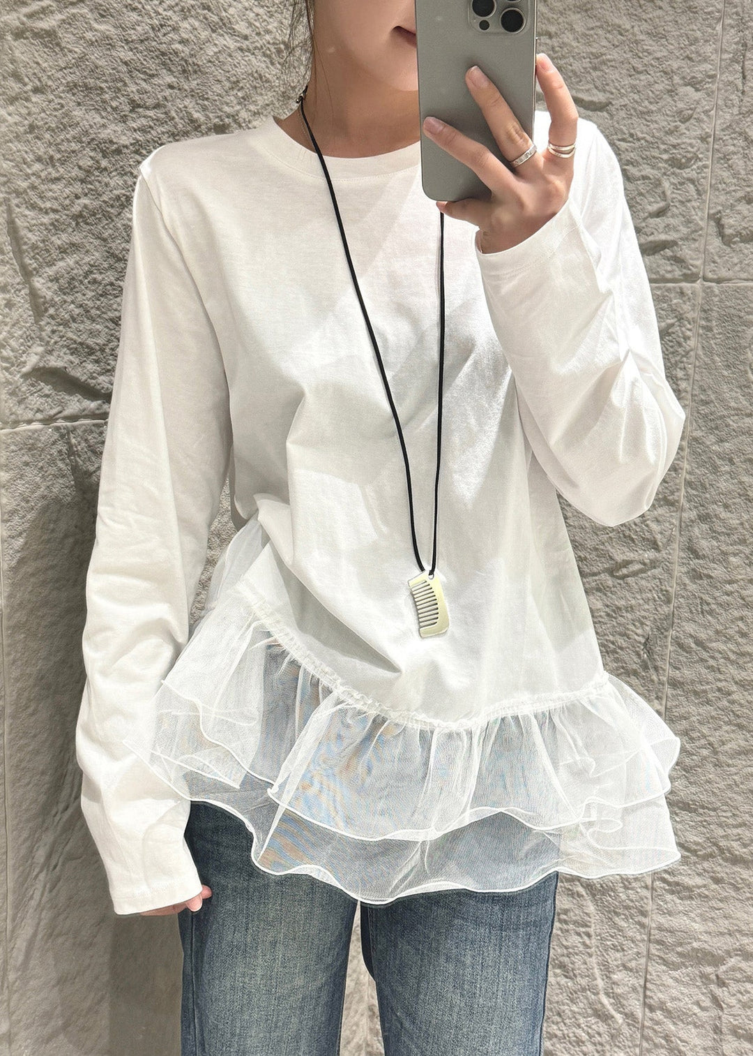 Unique White Oversized Patchwork Tulle Shirt Fall