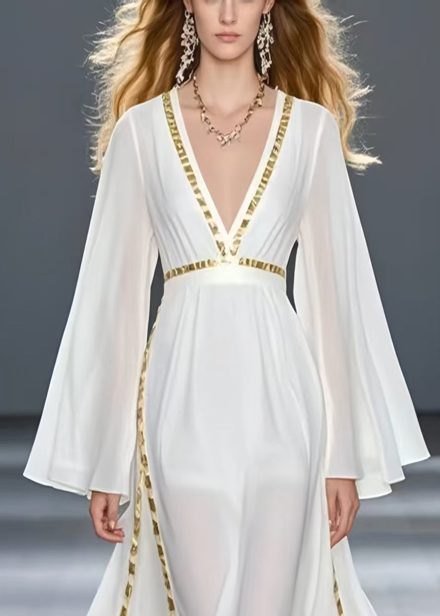 Unique White Patchwork Draping Chiffon Maxi Dresses Spring