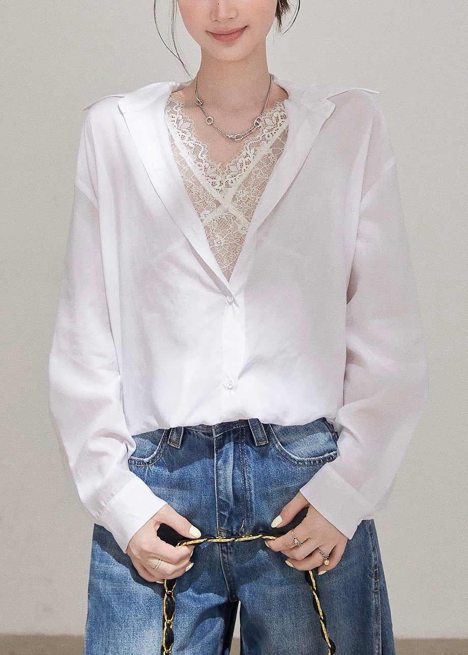 Unique White Peter Pan Collar Patchwork Lace Fake Two Piece Blouses Fall