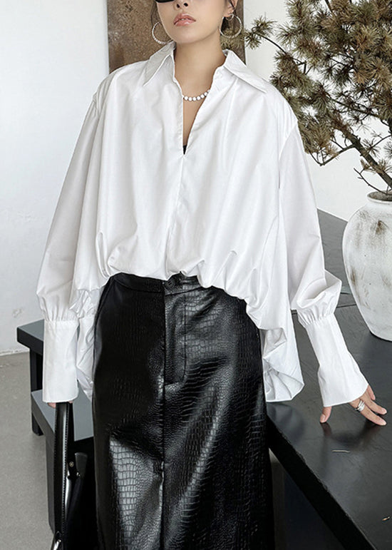 Unique White Peter Pan Collar Wrinkled Patchwork Cotton Shirts Long Sleeve