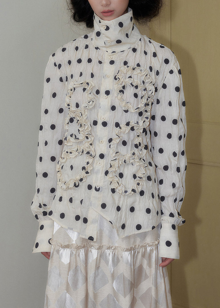 Unique White Ruffled Print Chiffon Shirt Tops Spring