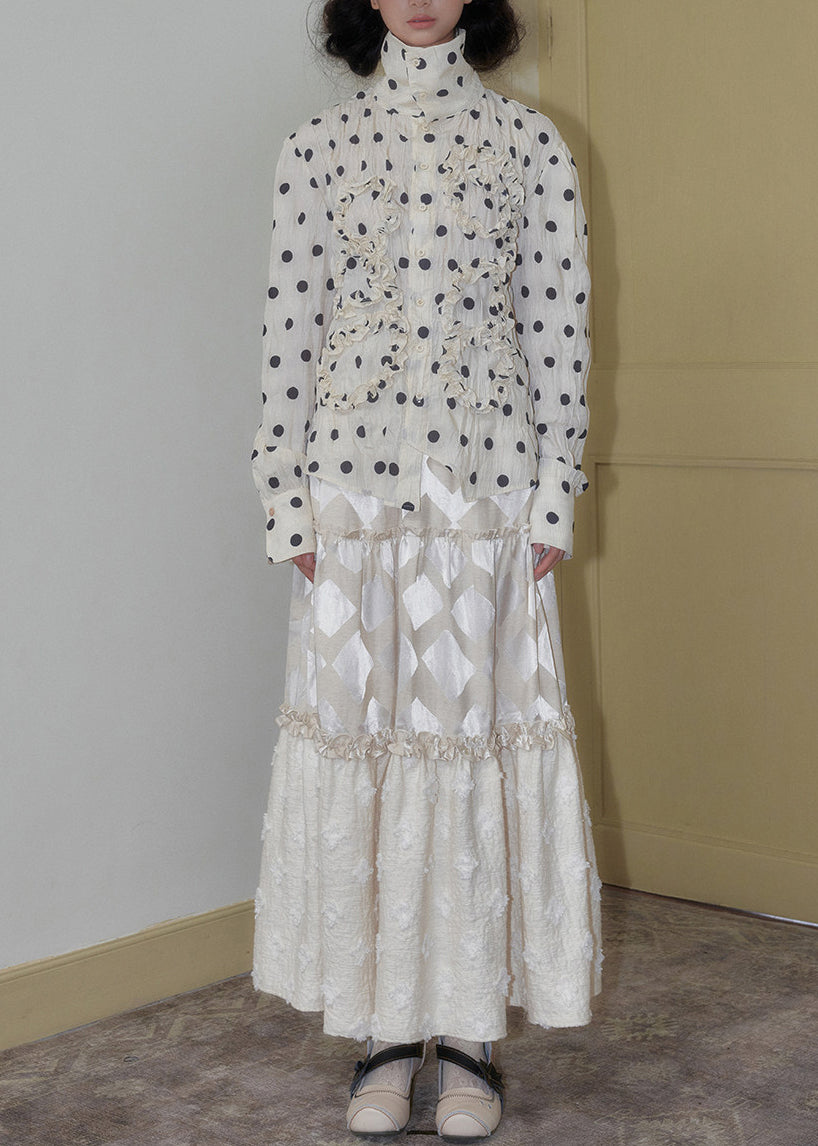 Unique White Ruffled Print Chiffon Shirt Tops Spring
