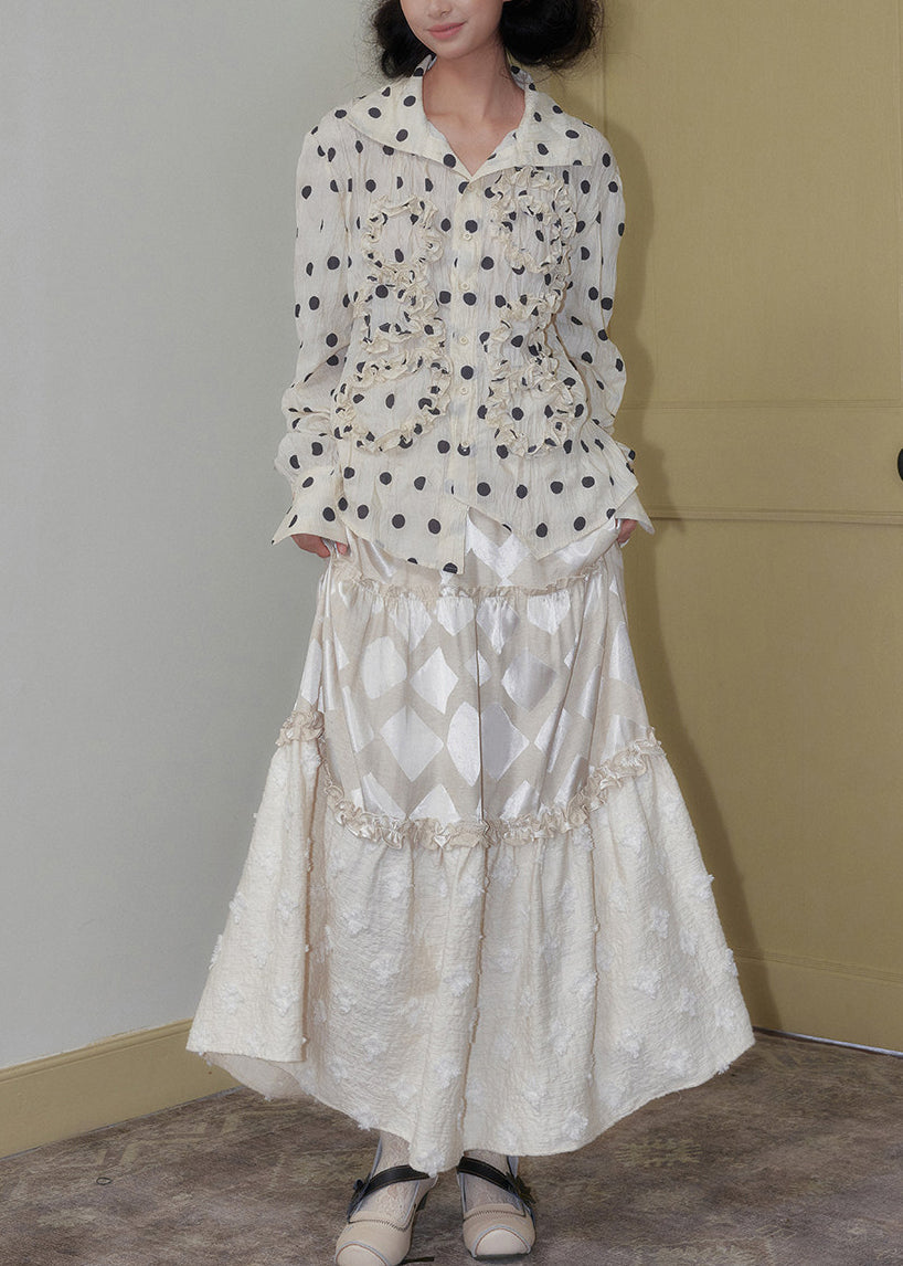 Unique White Ruffled Print Chiffon Shirt Tops Spring