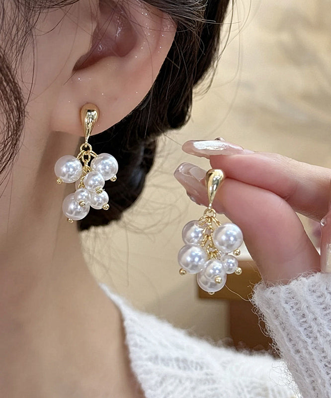Unique White Sterling Silver Overgild Pearl Tassel Drop Earrings