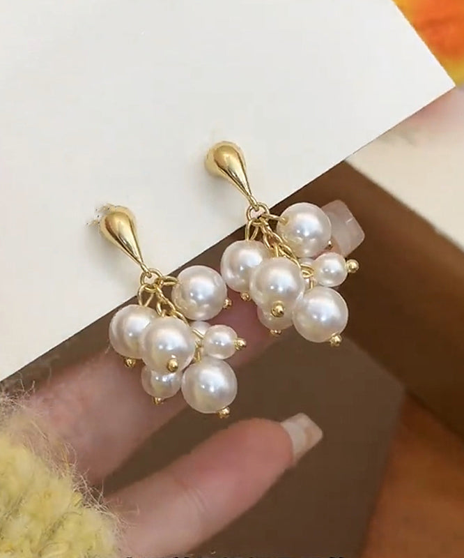 Unique White Sterling Silver Overgild Pearl Tassel Drop Earrings