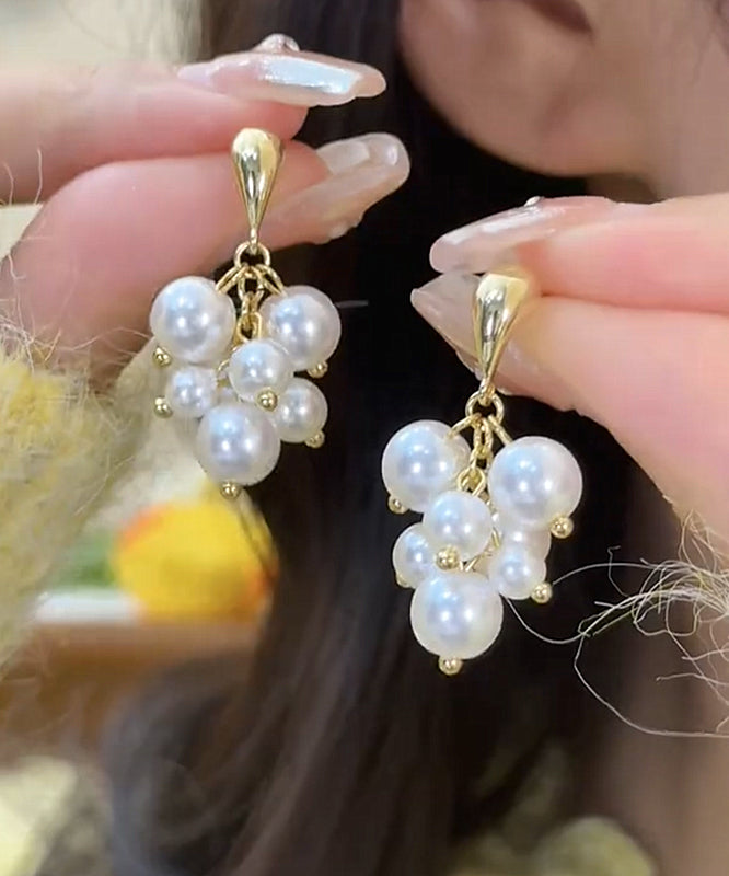 Unique White Sterling Silver Overgild Pearl Tassel Drop Earrings