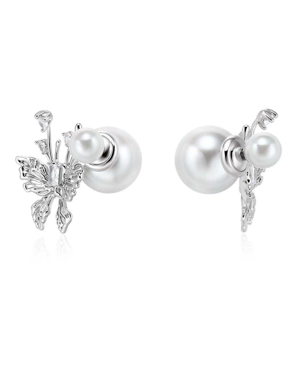 Unique White Sterling Silver Pearl Butterfly Stud Earrings