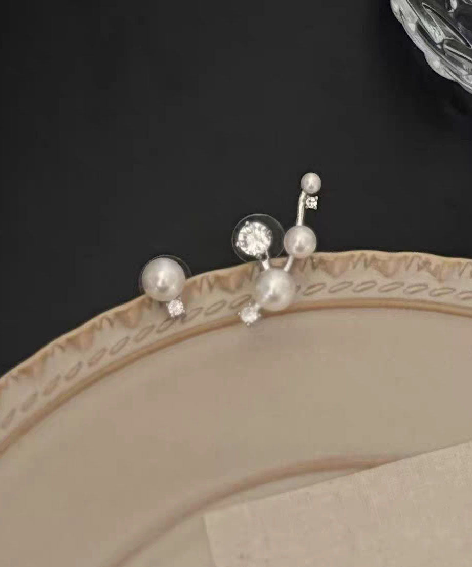 Unique White Sterling Silver Zircon Asymmetric Pearl Stud Earrings