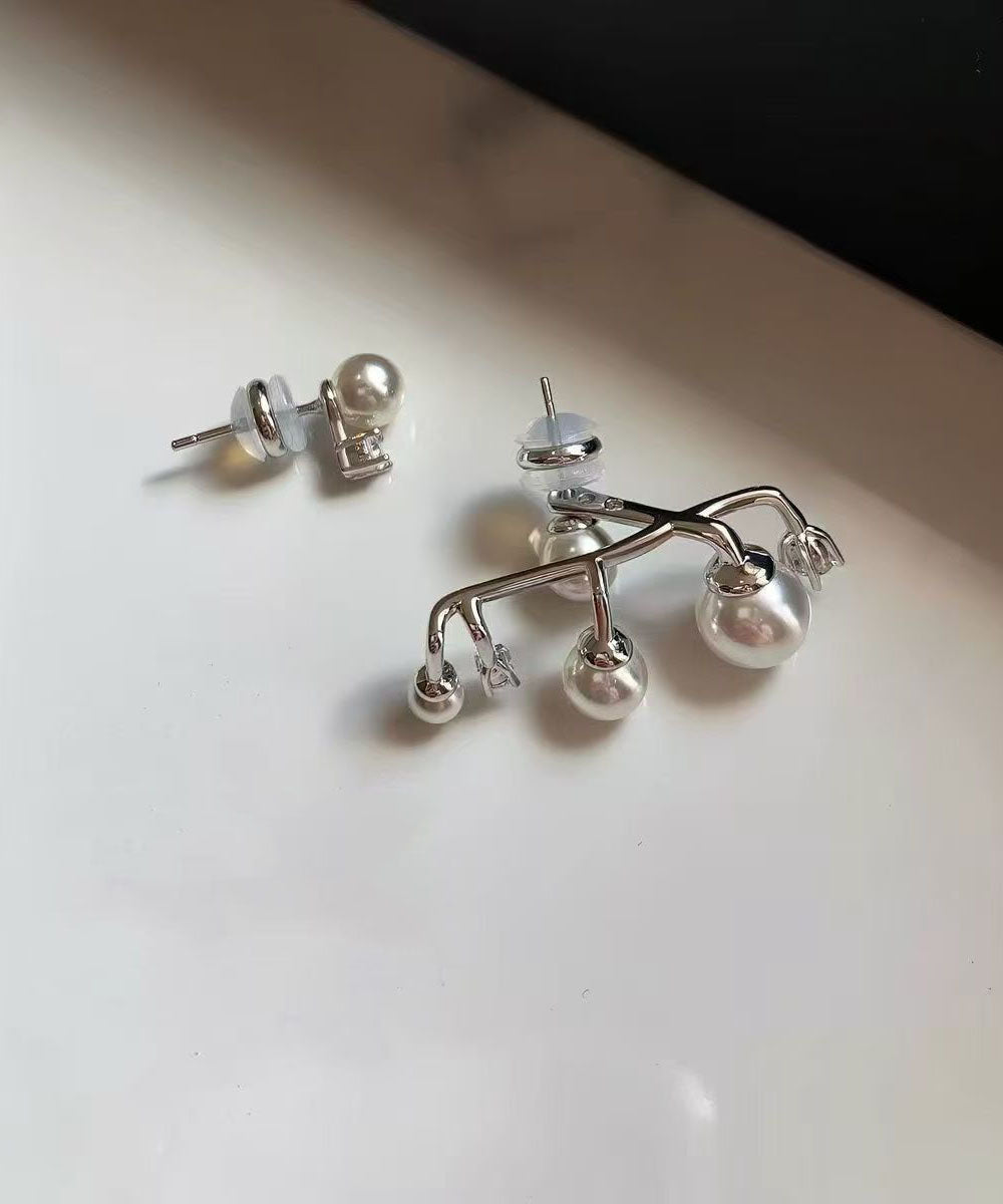 Unique White Sterling Silver Zircon Asymmetric Pearl Stud Earrings