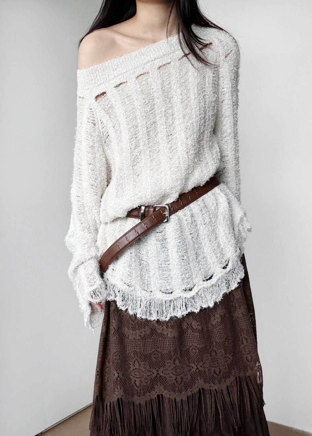 Unique White Tasseled Hollow Out Knitted Tops Winter