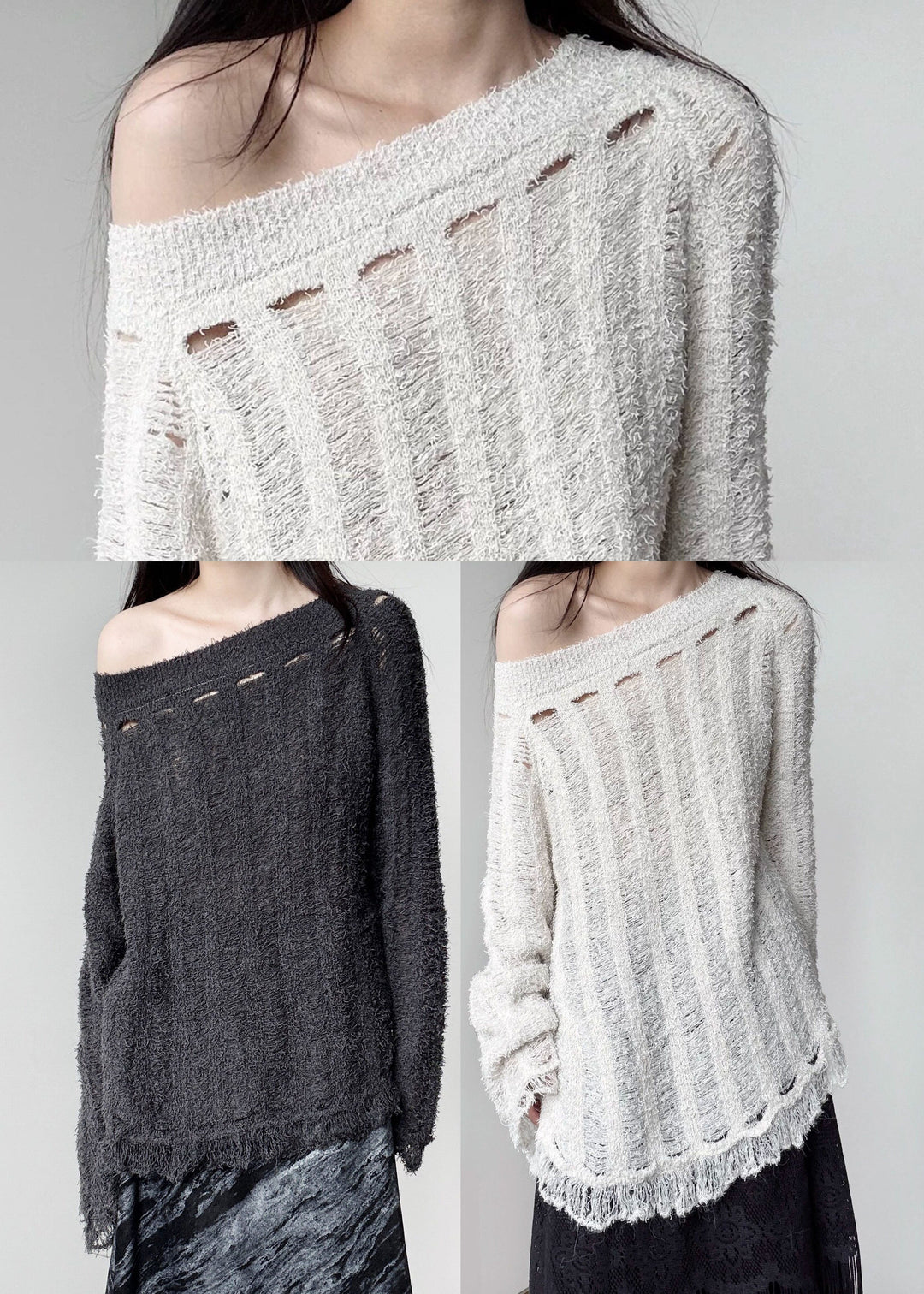 Unique White Tasseled Hollow Out Knitted Tops Winter