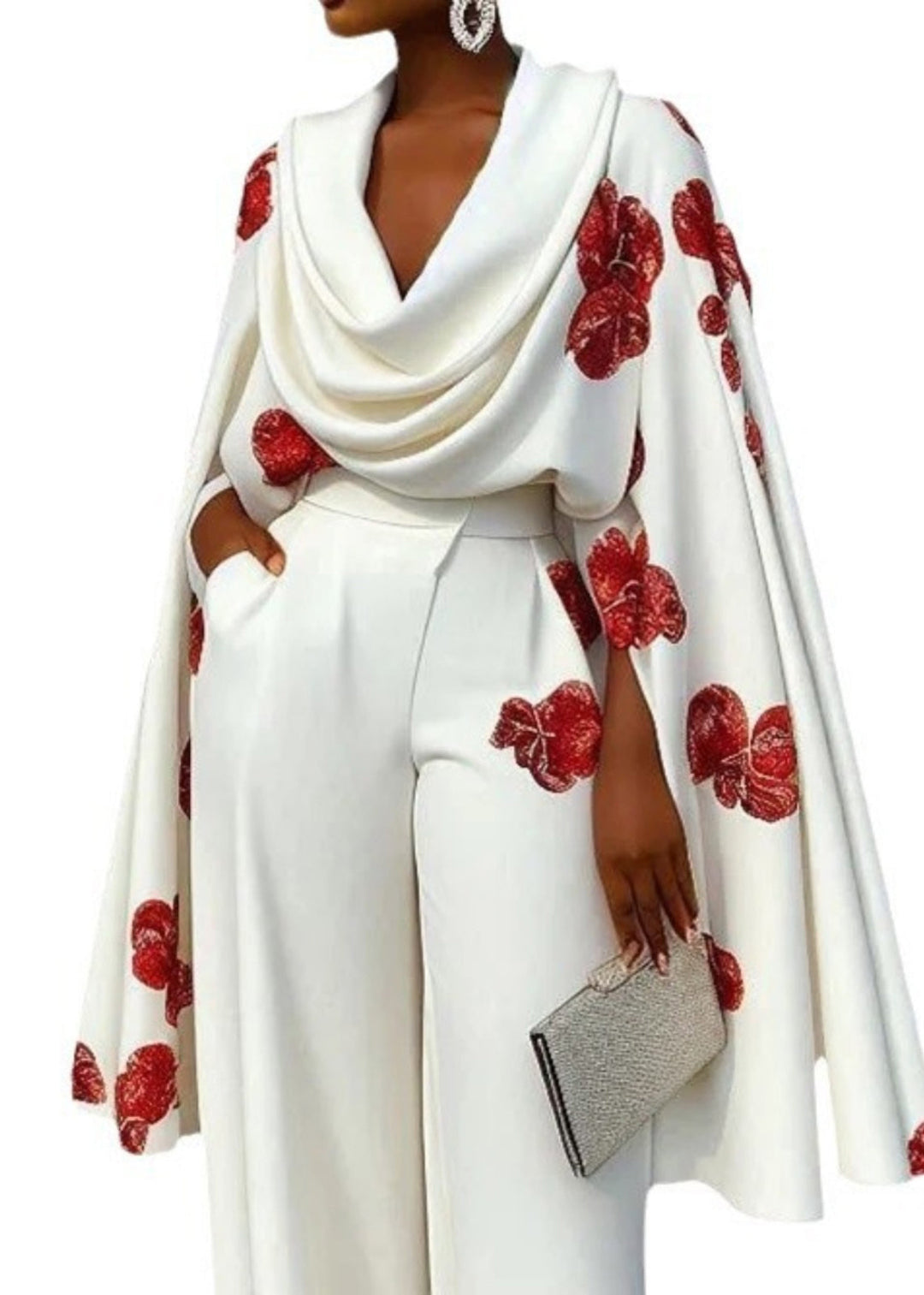 Unique White Turtle Neck Print Cotton Tops Cloak Sleeves