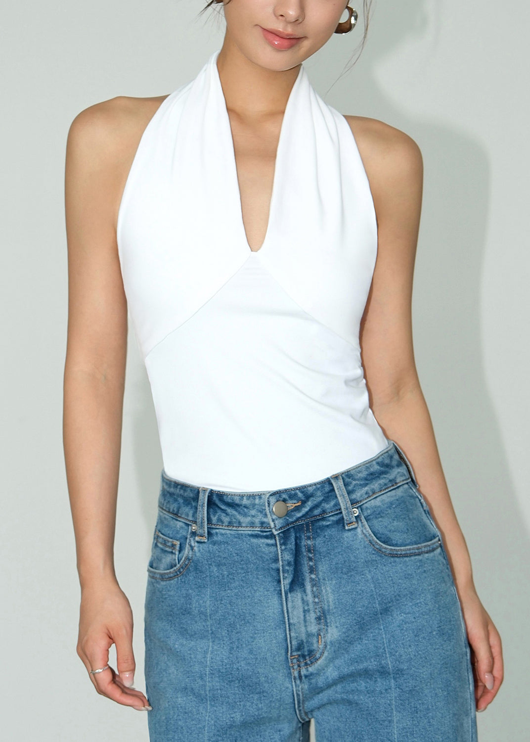 Unique White V Neck Backless Cotton Slim Fit T Shirts Sleeveless