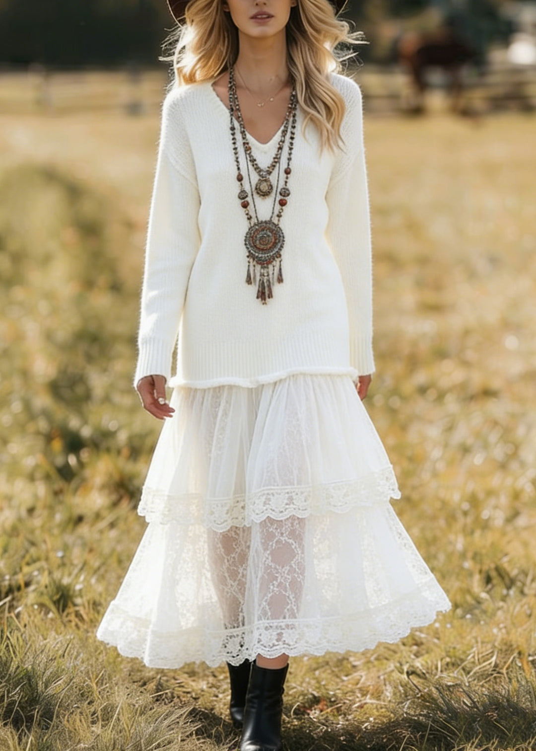 Unique White V Neck Lace Patchwork Knit Dress Spring - Omychic