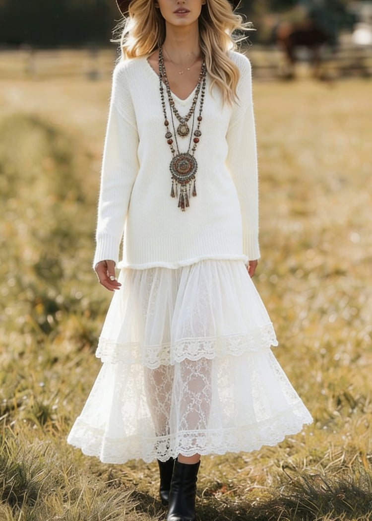 Unique White V Neck Lace Patchwork Knit Dress Spring - Omychic