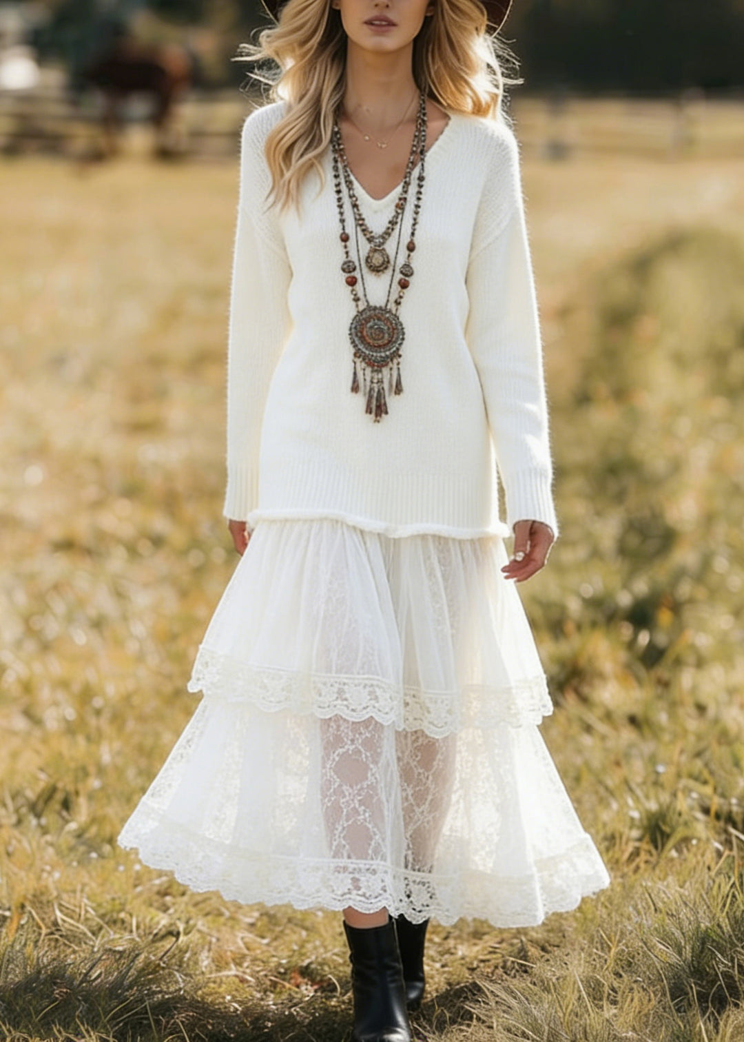 Unique White V Neck Lace Patchwork Knit Dress Spring - Omychic