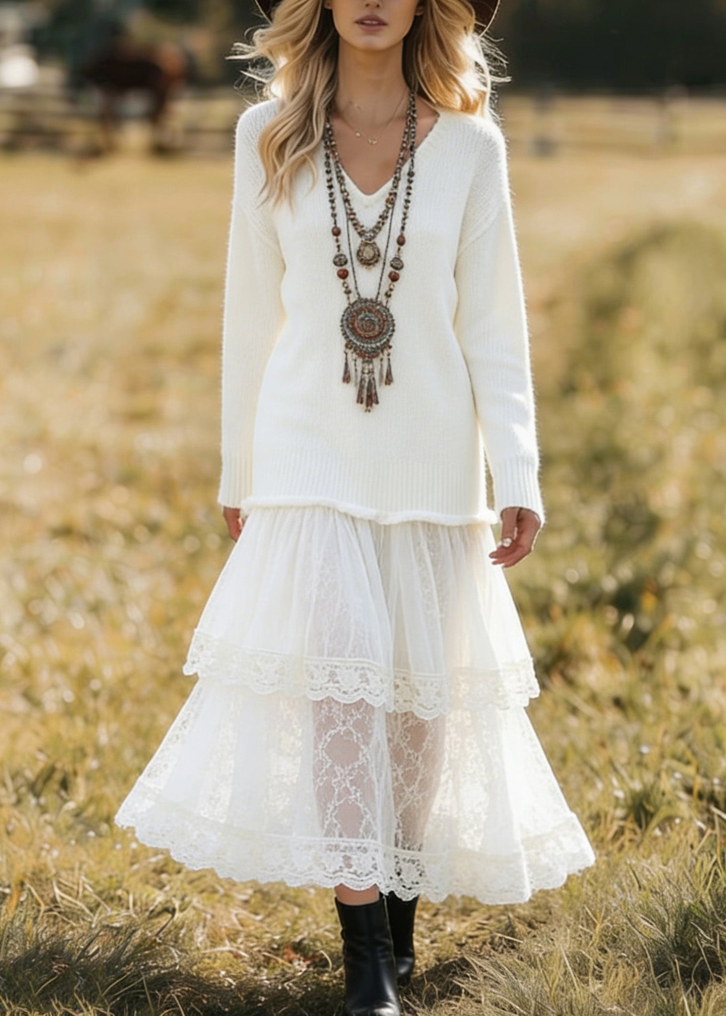 Unique White V Neck Lace Patchwork Knit Dress Spring - Omychic
