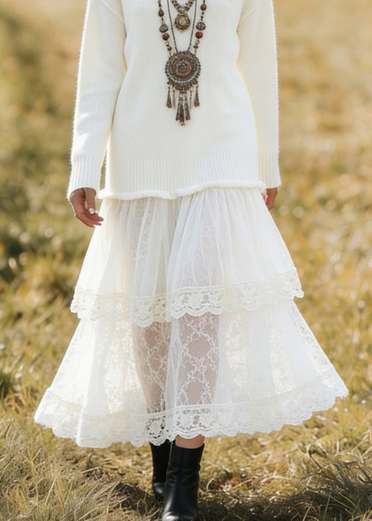 Unique White V Neck Lace Patchwork Knit Dress Spring - Omychic