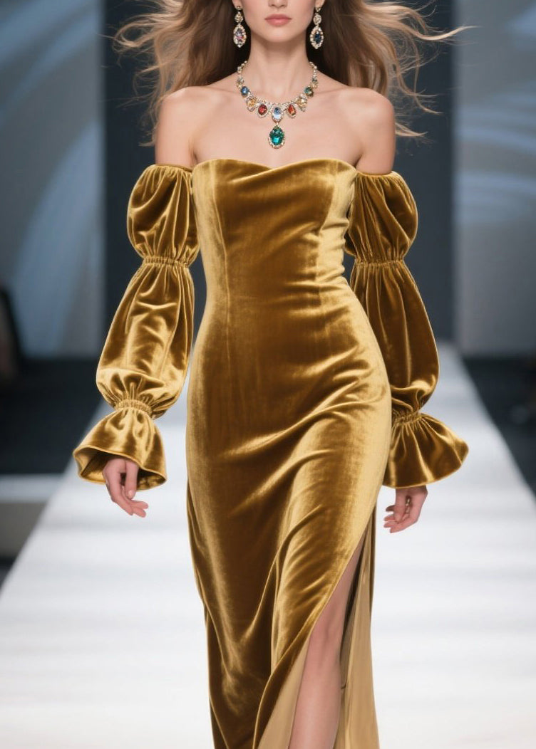 Unique Yellow Cold Shoulder Side Open Patchwork Velvet Dress Fall