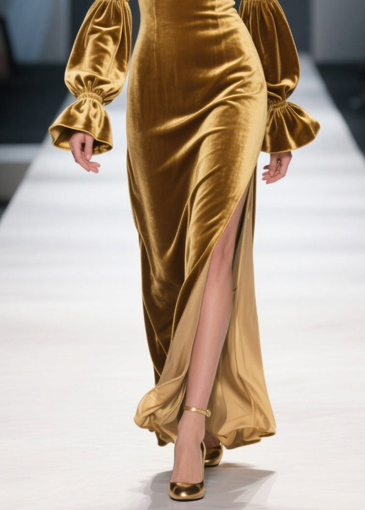 Unique Yellow Cold Shoulder Side Open Patchwork Velvet Dress Fall