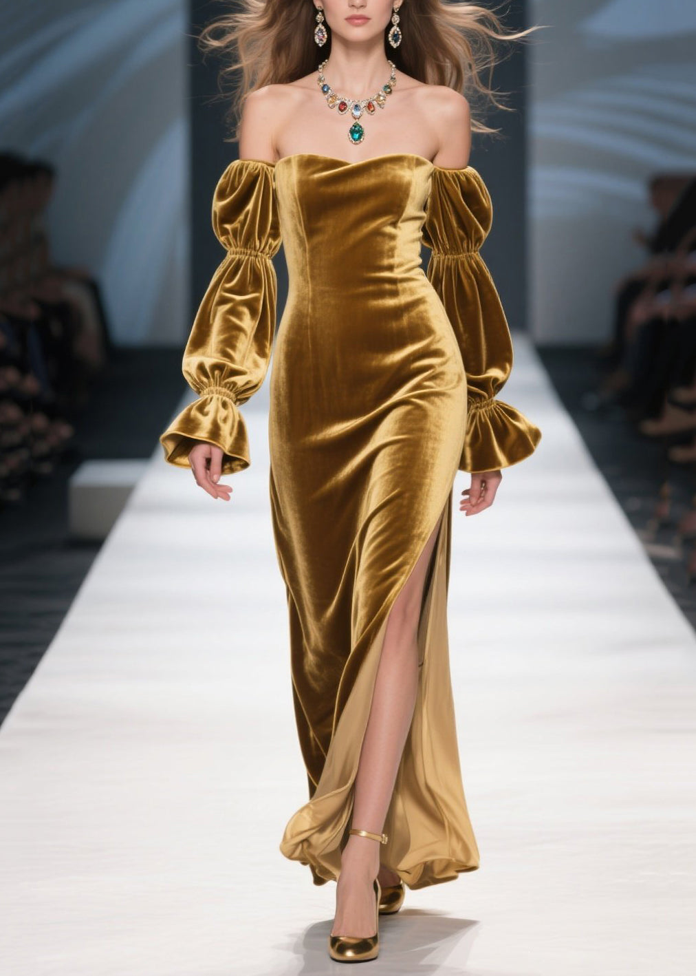 Unique Yellow Cold Shoulder Side Open Patchwork Velvet Dress Fall