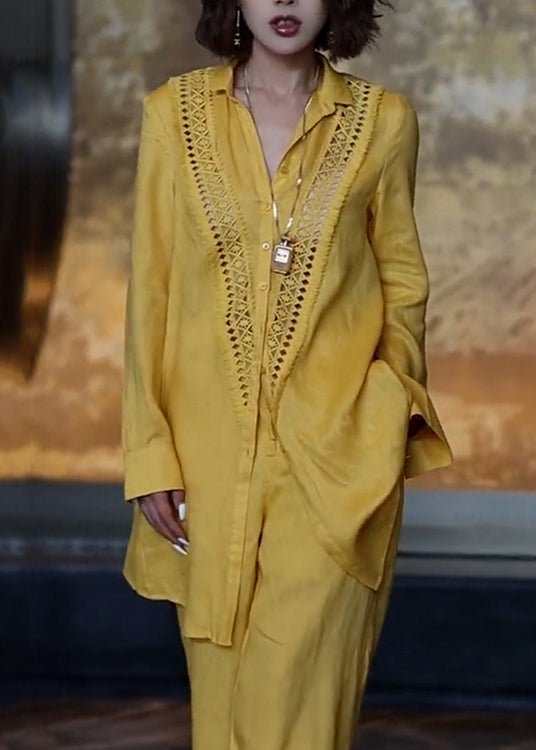 Unique Yellow Hollow Out Linen Women Sets 2 Pieces Fall