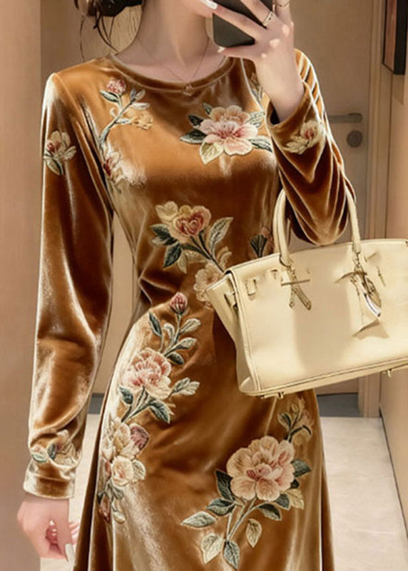 Unique Yellow O-Neck Embroidered Floral Silk Velvet Maxi Dresses Fall