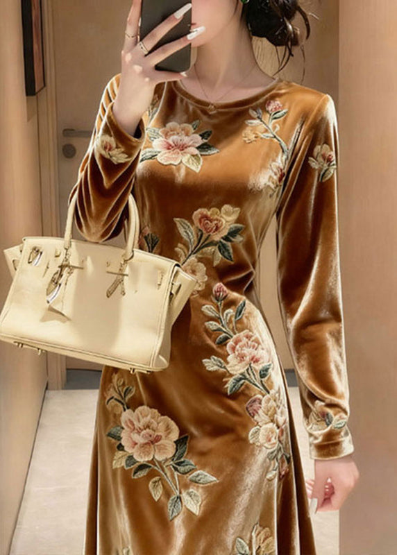 Unique Yellow O-Neck Embroidered Floral Silk Velvet Maxi Dresses Fall