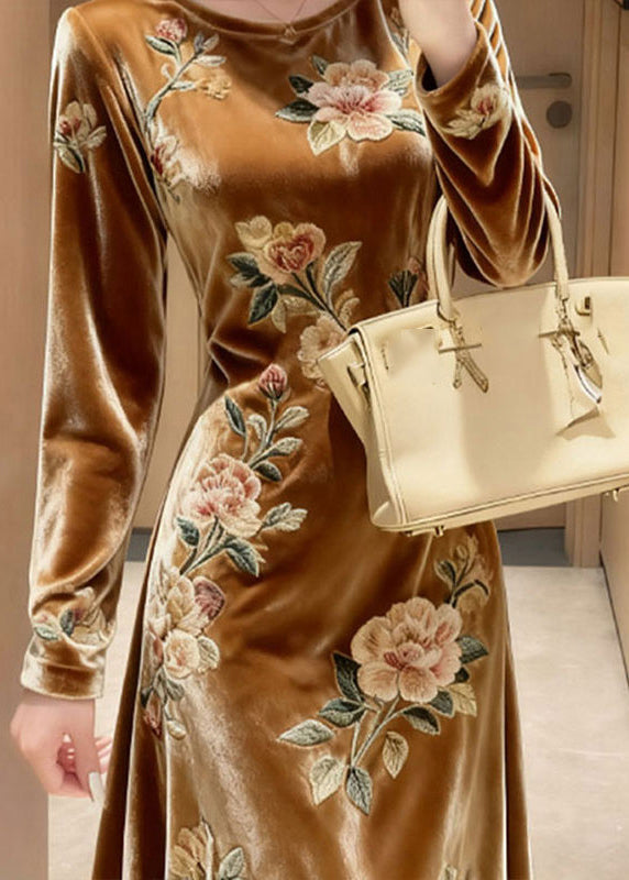 Unique Yellow O-Neck Embroidered Floral Silk Velvet Maxi Dresses Fall