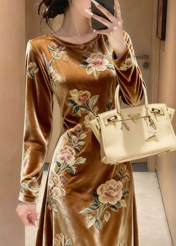 Unique Yellow O-Neck Embroidered Floral Silk Velvet Maxi Dresses Fall