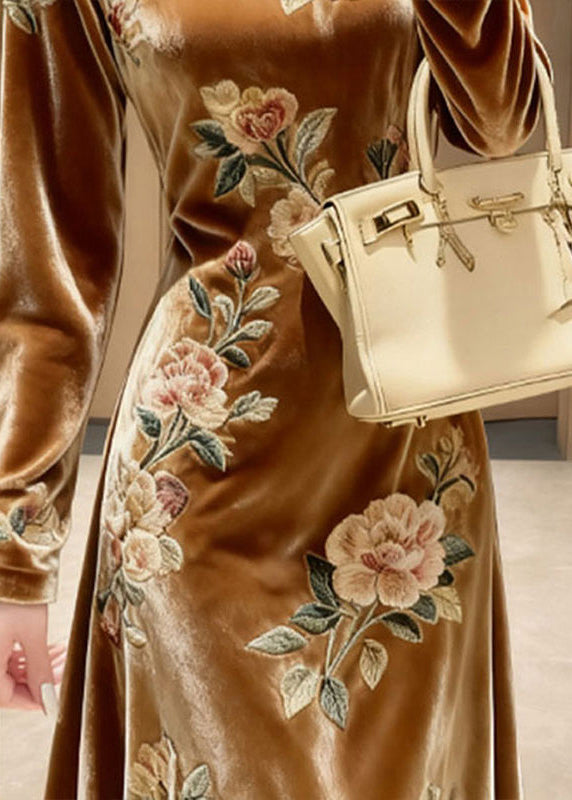 Unique Yellow O-Neck Embroidered Floral Silk Velvet Maxi Dresses Fall