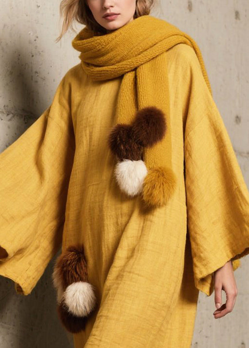Unique Yellow Oversized Fuzzy Ball Decorated Cotton Long Dress Fall