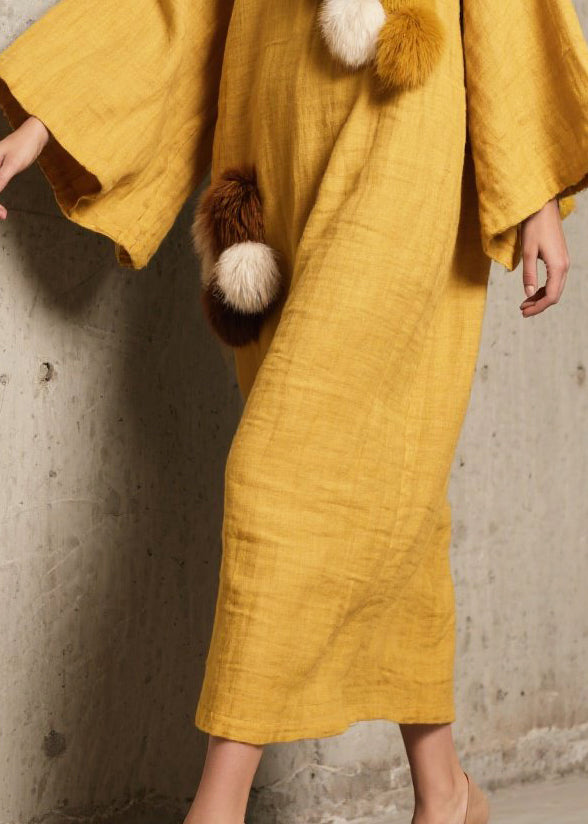 Unique Yellow Oversized Fuzzy Ball Decorated Cotton Long Dress Fall