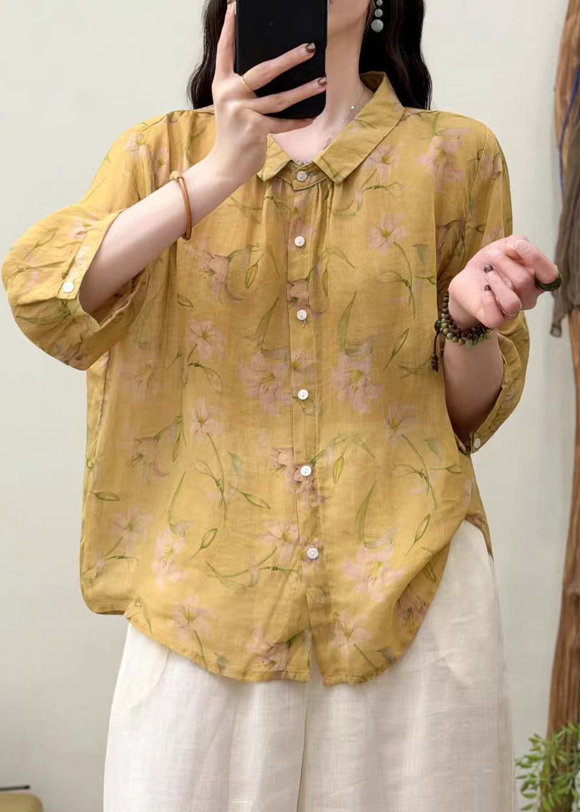 Unique Yellow Oversized Print Linen Top Half Sleeve