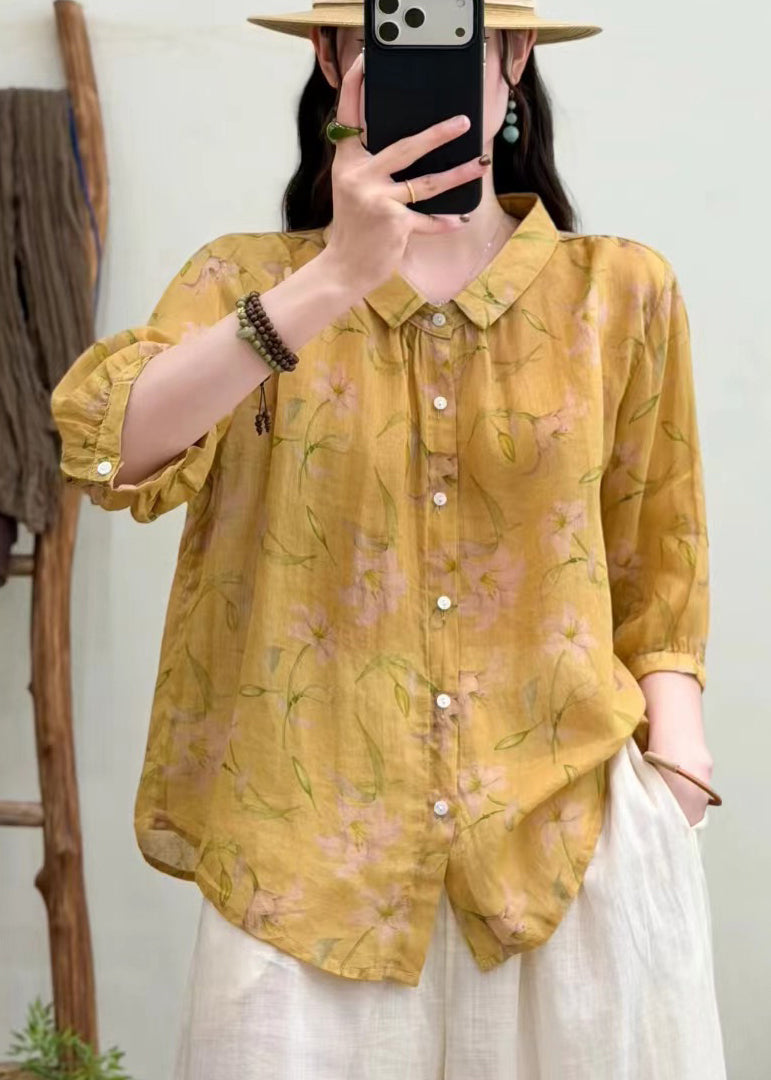 Unique Yellow Oversized Print Linen Top Half Sleeve