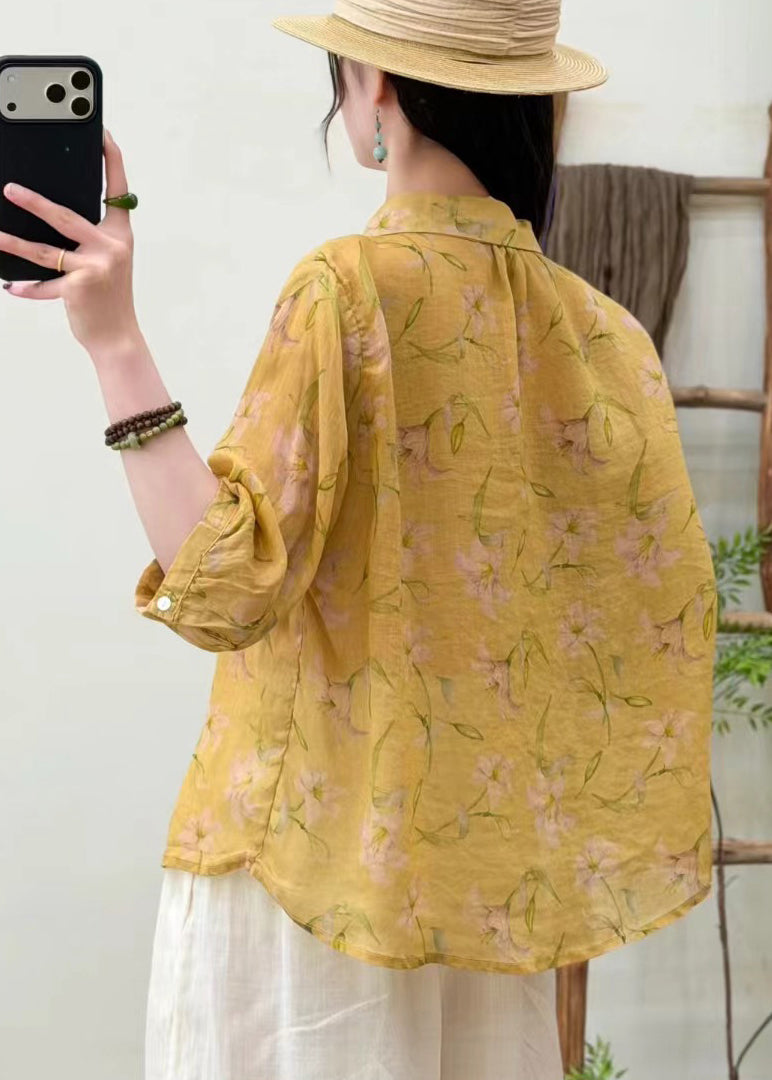 Unique Yellow Oversized Print Linen Top Half Sleeve