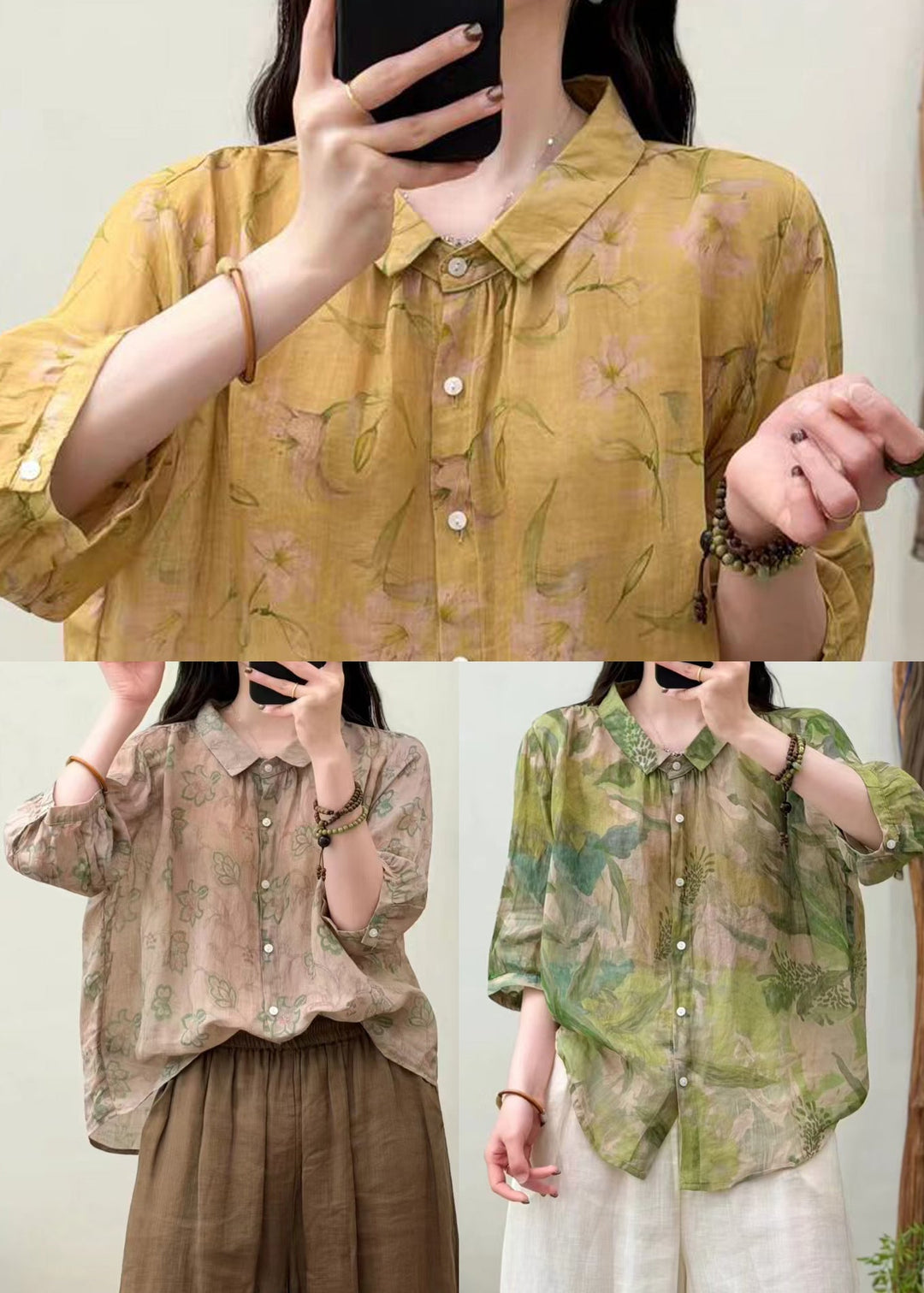 Unique Yellow Oversized Print Linen Top Half Sleeve