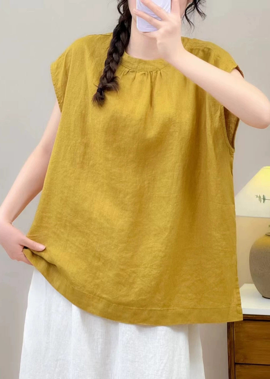 Unique Yellow Oversized Wrinkled Linen Shirt Summer