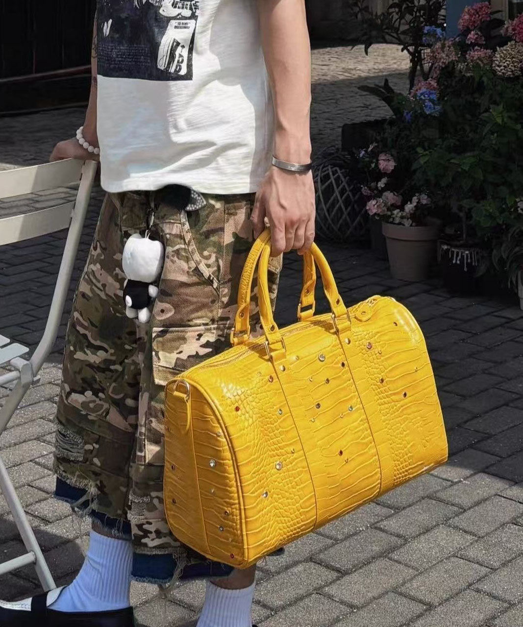 Unique Yellow Rhinestone Large Capacity Faux Leather Tote Handbag