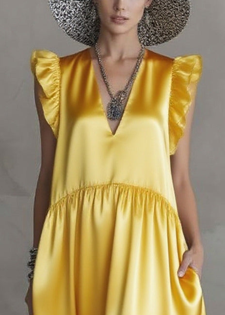 Unique Yellow Ruffled Draping Silk Long Dress Sleeveless