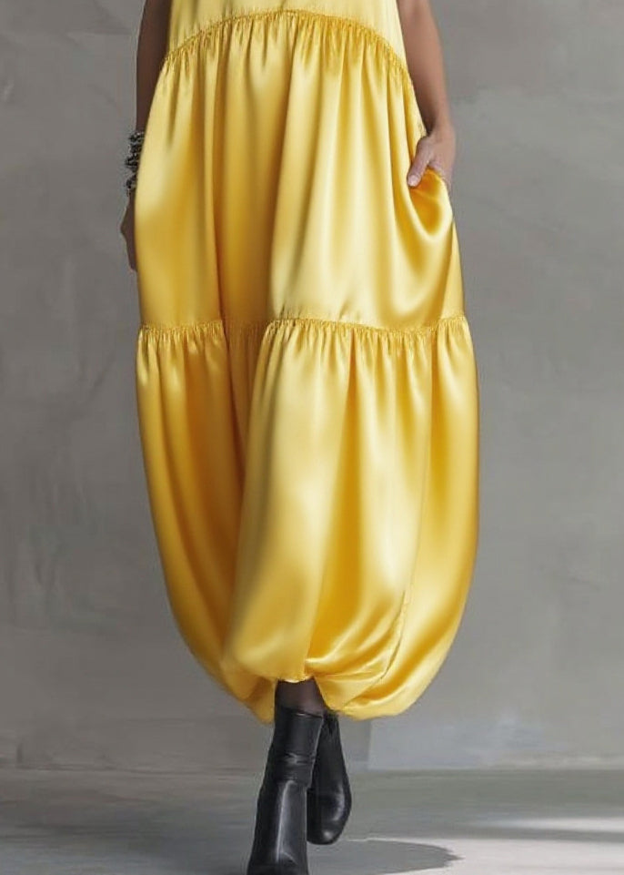 Unique Yellow Ruffled Draping Silk Long Dress Sleeveless