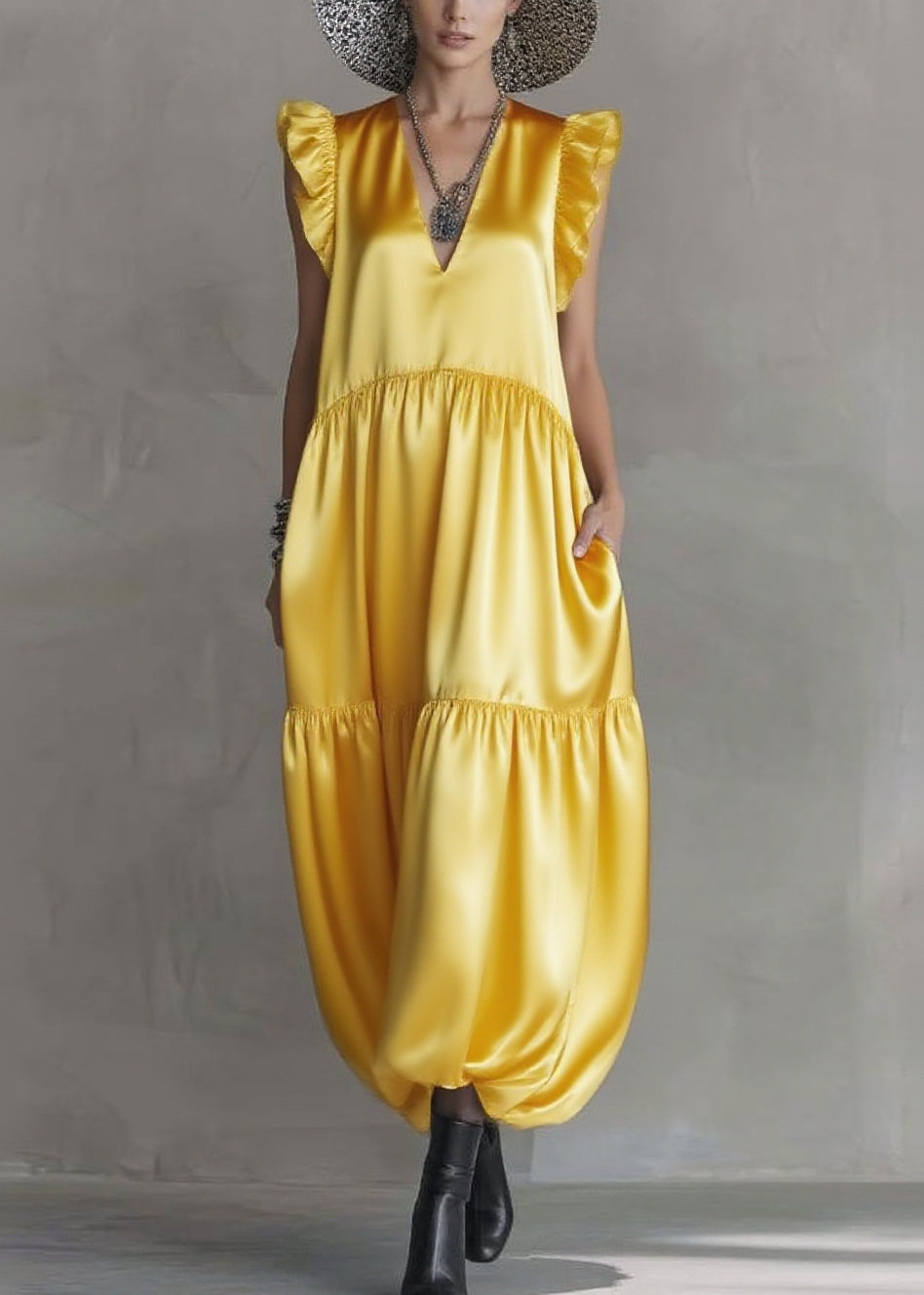 Unique Yellow Ruffled Draping Silk Long Dress Sleeveless
