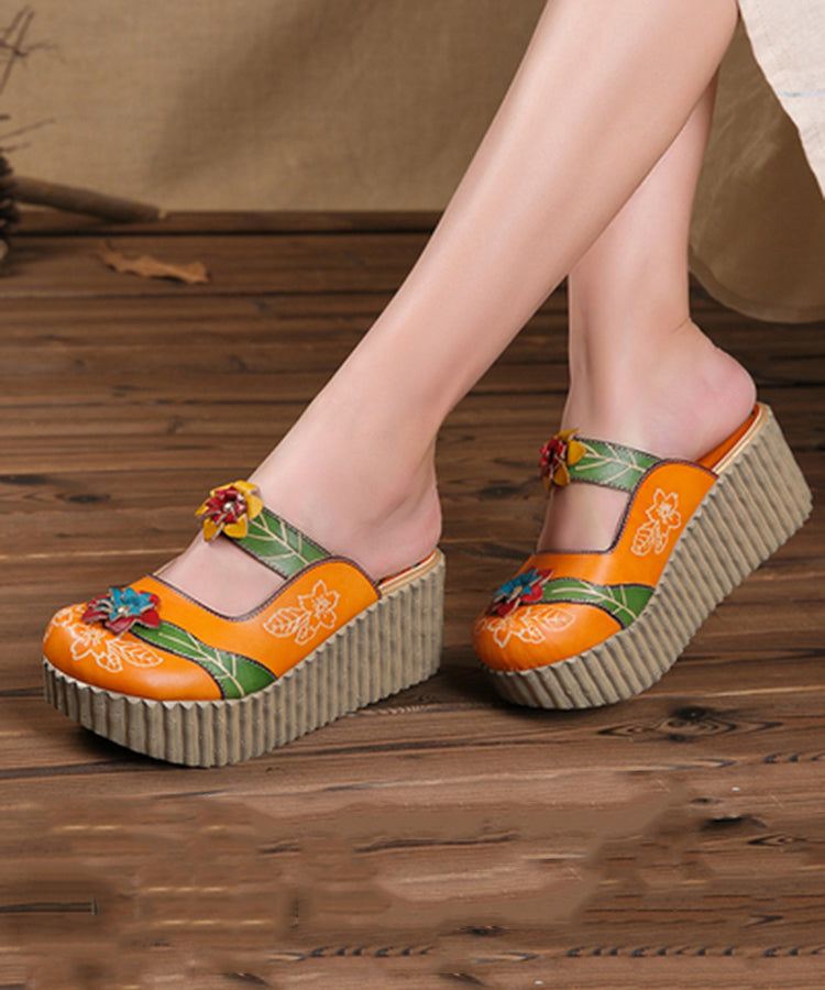 Unique Yellow Stripe Cowhide Leather Splicing Wedge Slide Sandals