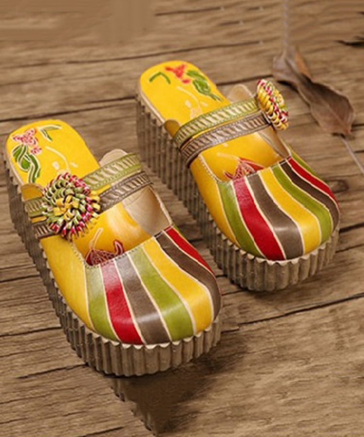 Unique Yellow Stripe Cowhide Leather Splicing Wedge Slide Sandals