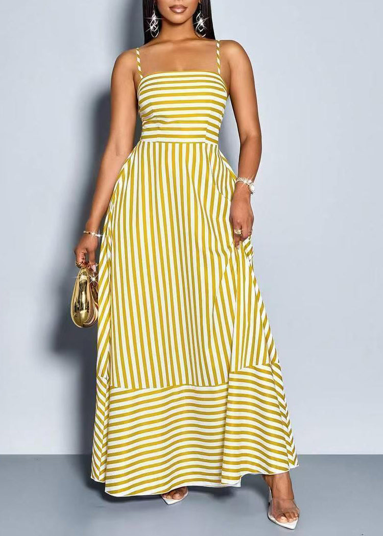 Unique Yellow Striped Spaghetti Strap Exra Large Hem Cotton Long Dress Summer