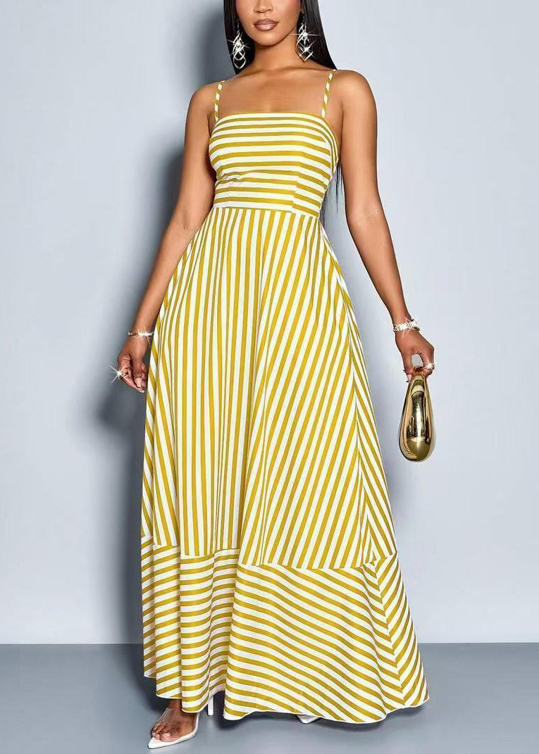 Unique Yellow Striped Spaghetti Strap Exra Large Hem Cotton Long Dress Summer