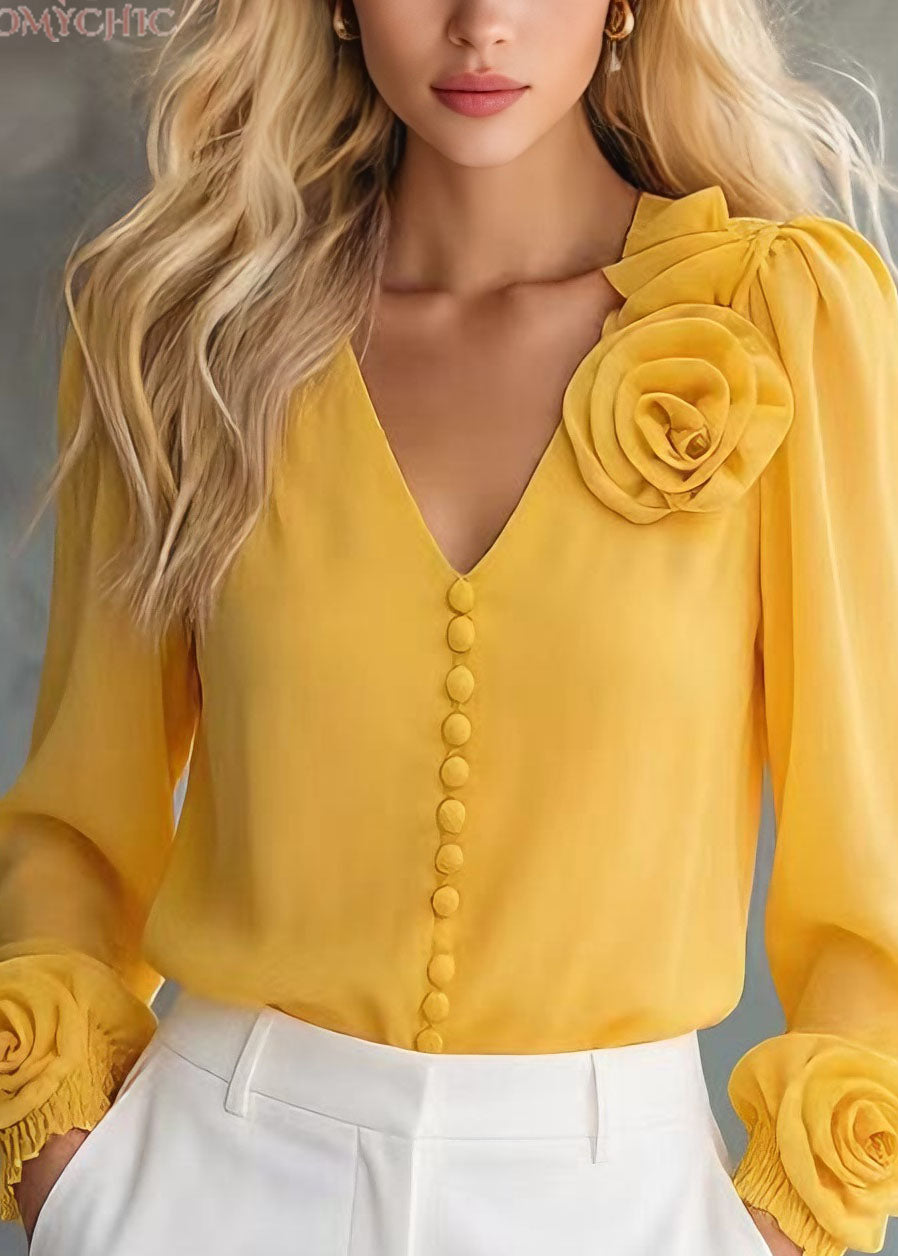 Unique Yellow V Neck Floral Chiffon Shirt Tops Spring