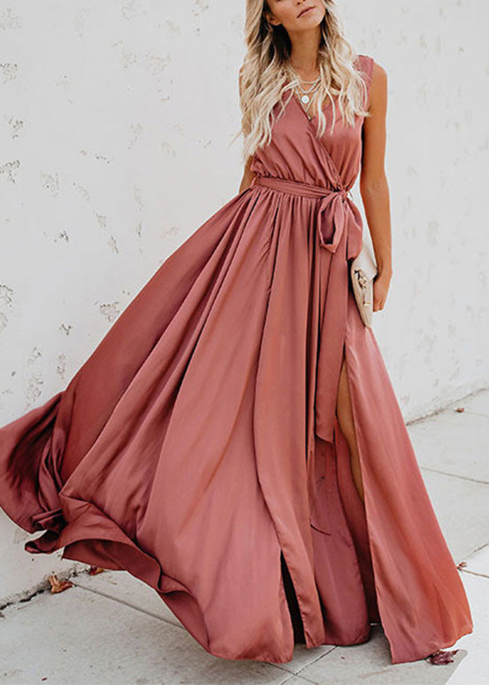 Unique Yellow V Neck Side Open Lace Up Silk Dress Summer