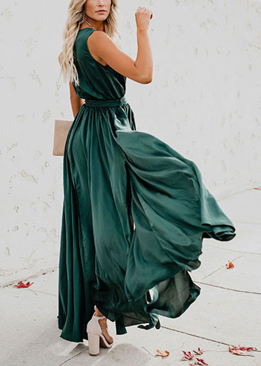 Unique Yellow V Neck Side Open Lace Up Silk Dress Summer