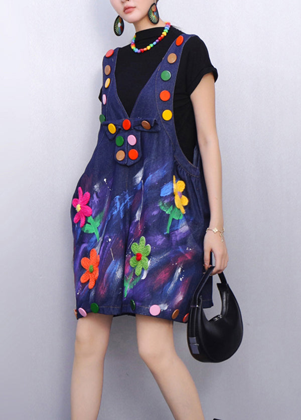 Urban Garden Charm Floral Embroidered Denim Jumpsuits Bold Accents